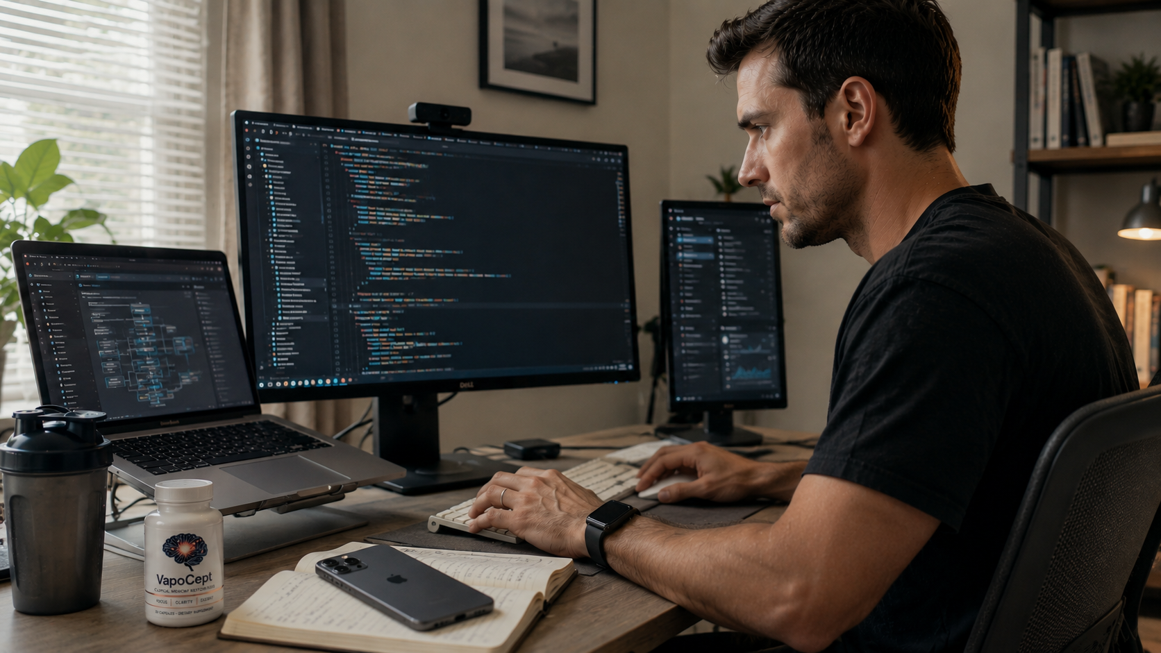 Professional working at a computer in a home office