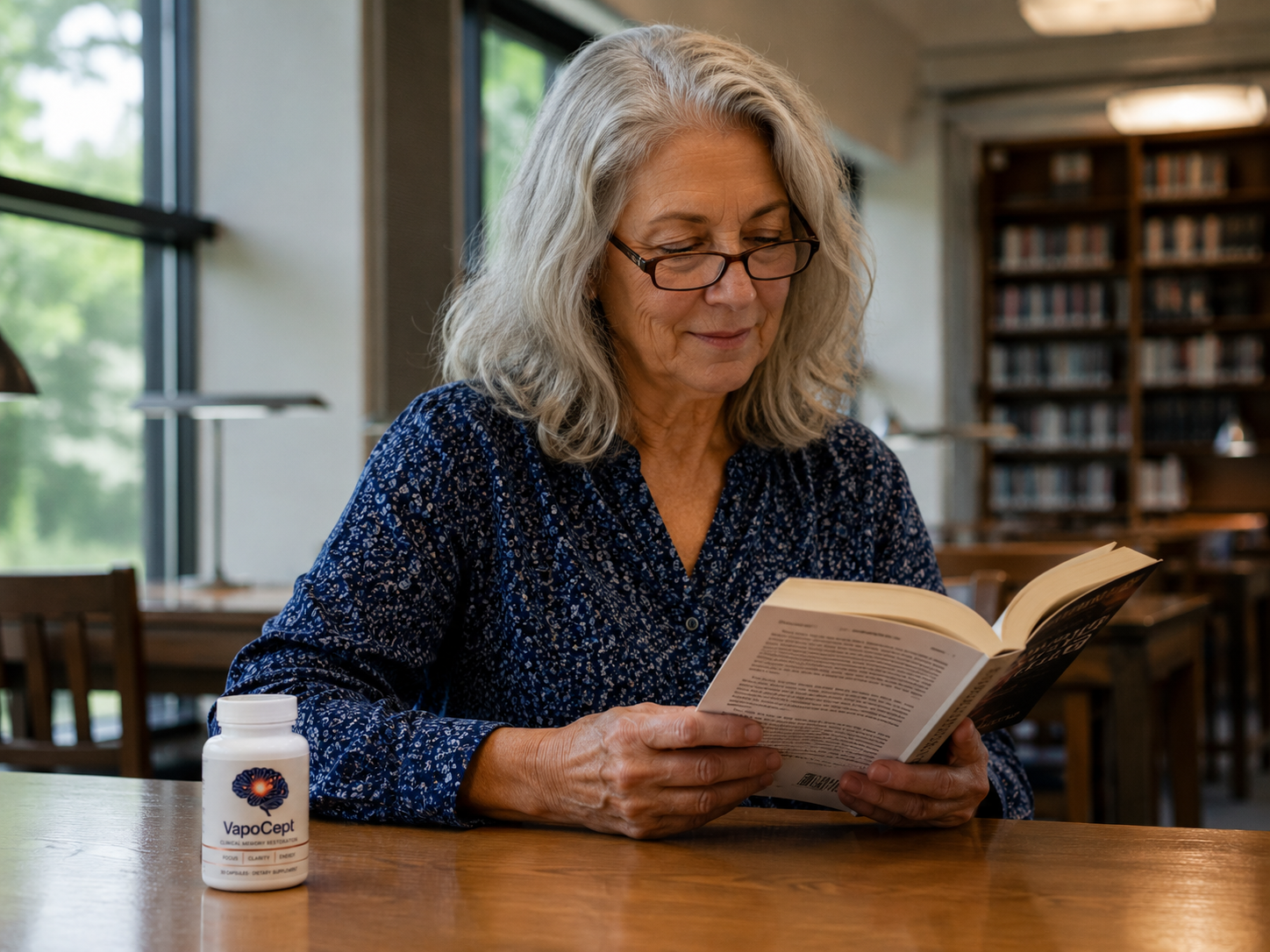 Older adult reading in a library setting