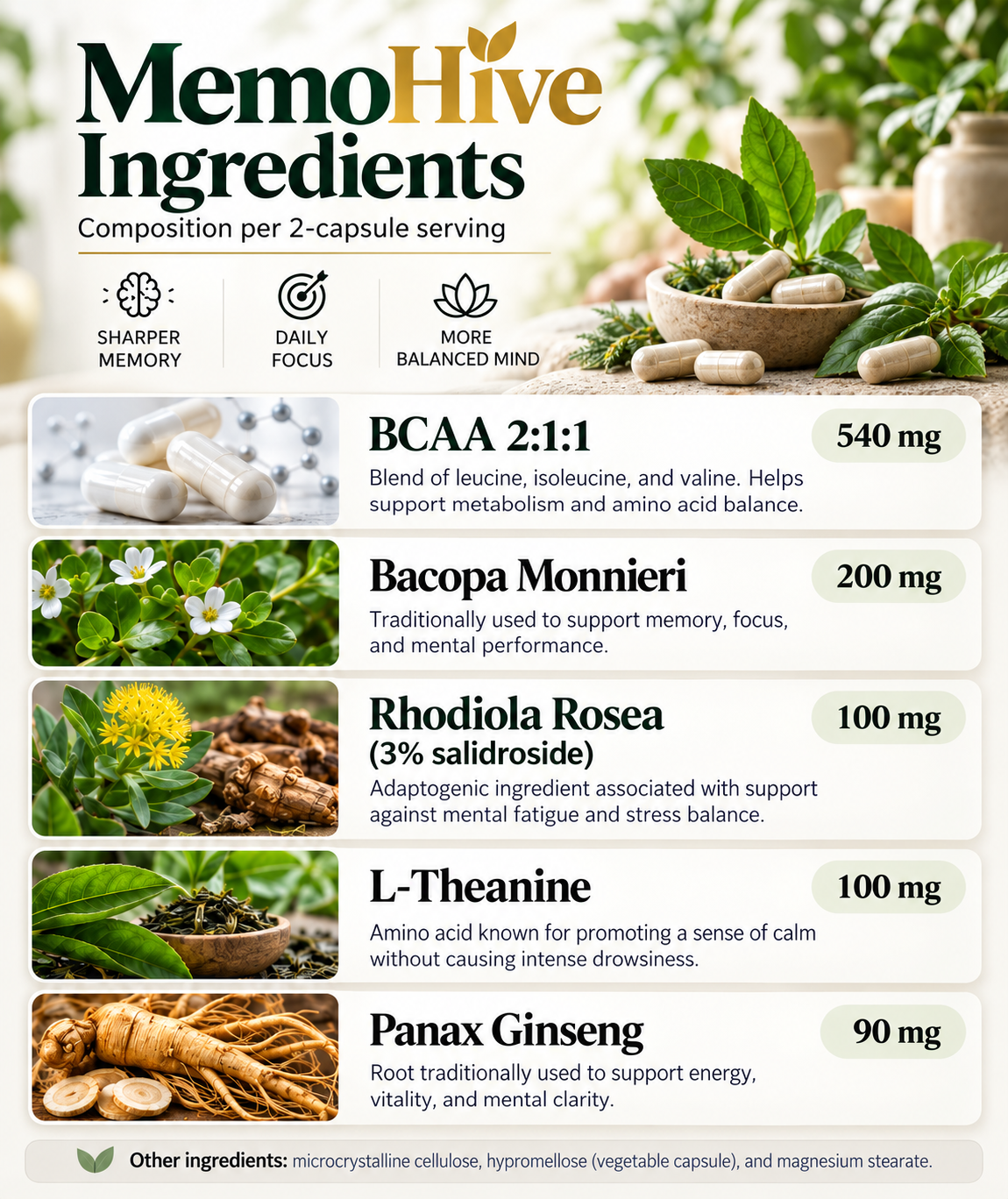 MemoHive ingredients: BCAA 2:1:1 540 mg, Bacopa Monnieri 200 mg, Rhodiola Rosea 100 mg, L-Theanine 100 mg, Panax Ginseng 90 mg per 2-capsule serving