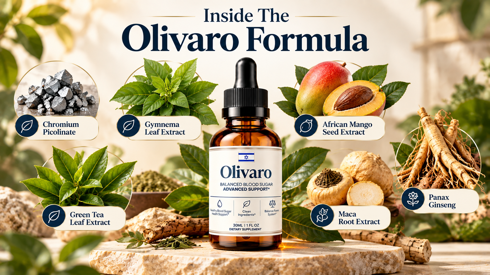 Inside the Olivaro formula: chromium picolinate, gymnema, African mango, green tea, maca and panax ginseng